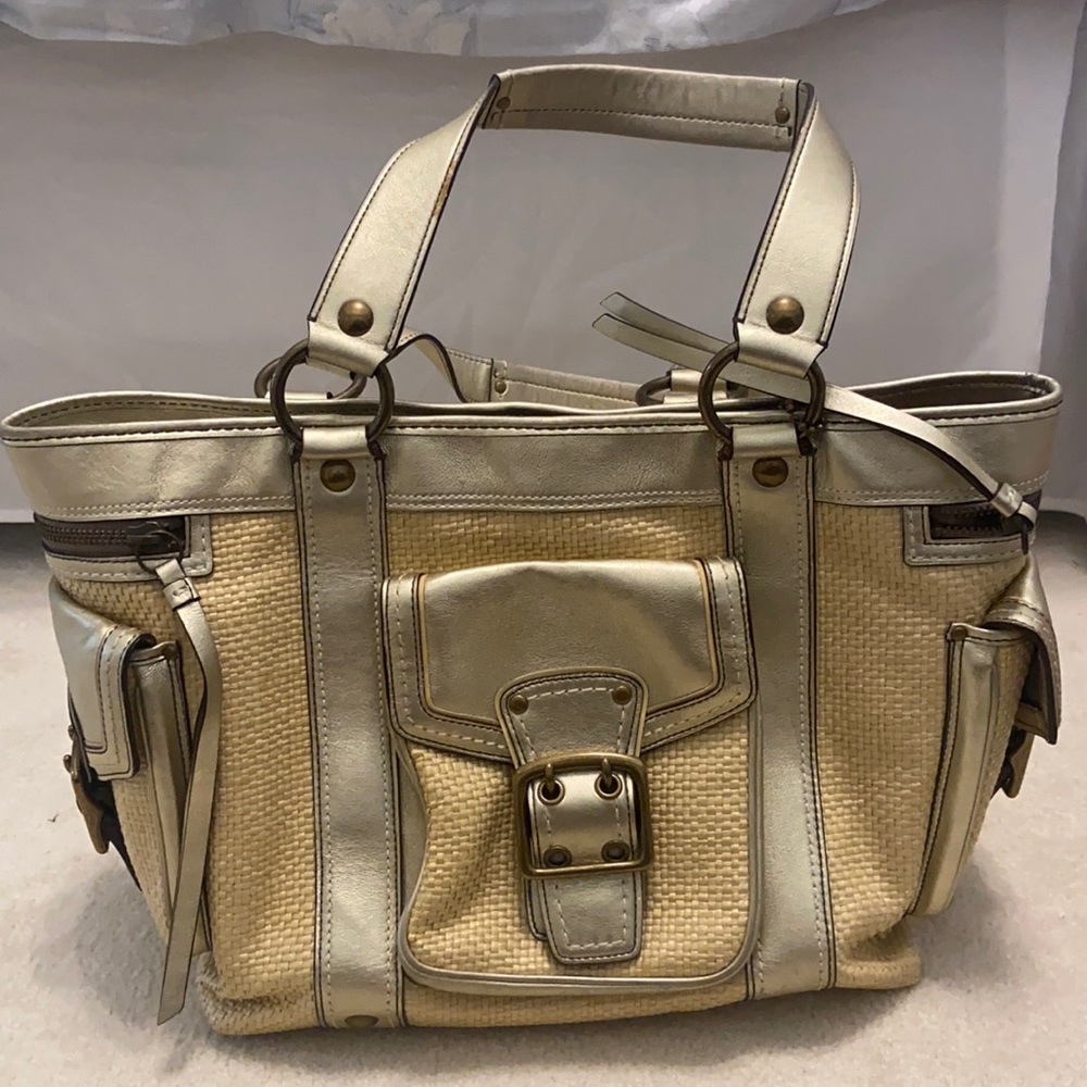 Coach gold and straw shoulder bag